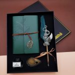 Olive green leather journal gift set with feather pen and vintage writing set accessories