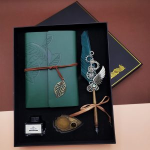 Olive green leather journal gift set with feather pen and vintage writing set accessories